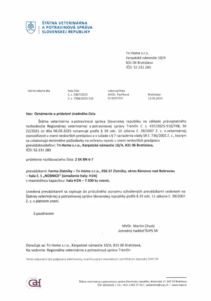 Náhľad listu Štátnej veterinárnej a potravinovej správy SR o pridelení čísla 2 SK BN 6-7