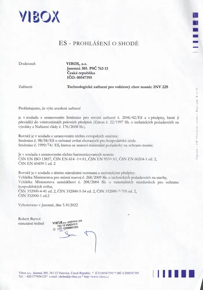 Náhľad ES prehlásenia o zhode od spoločnosti VIBOX k technológii voliérového chovu nosníc