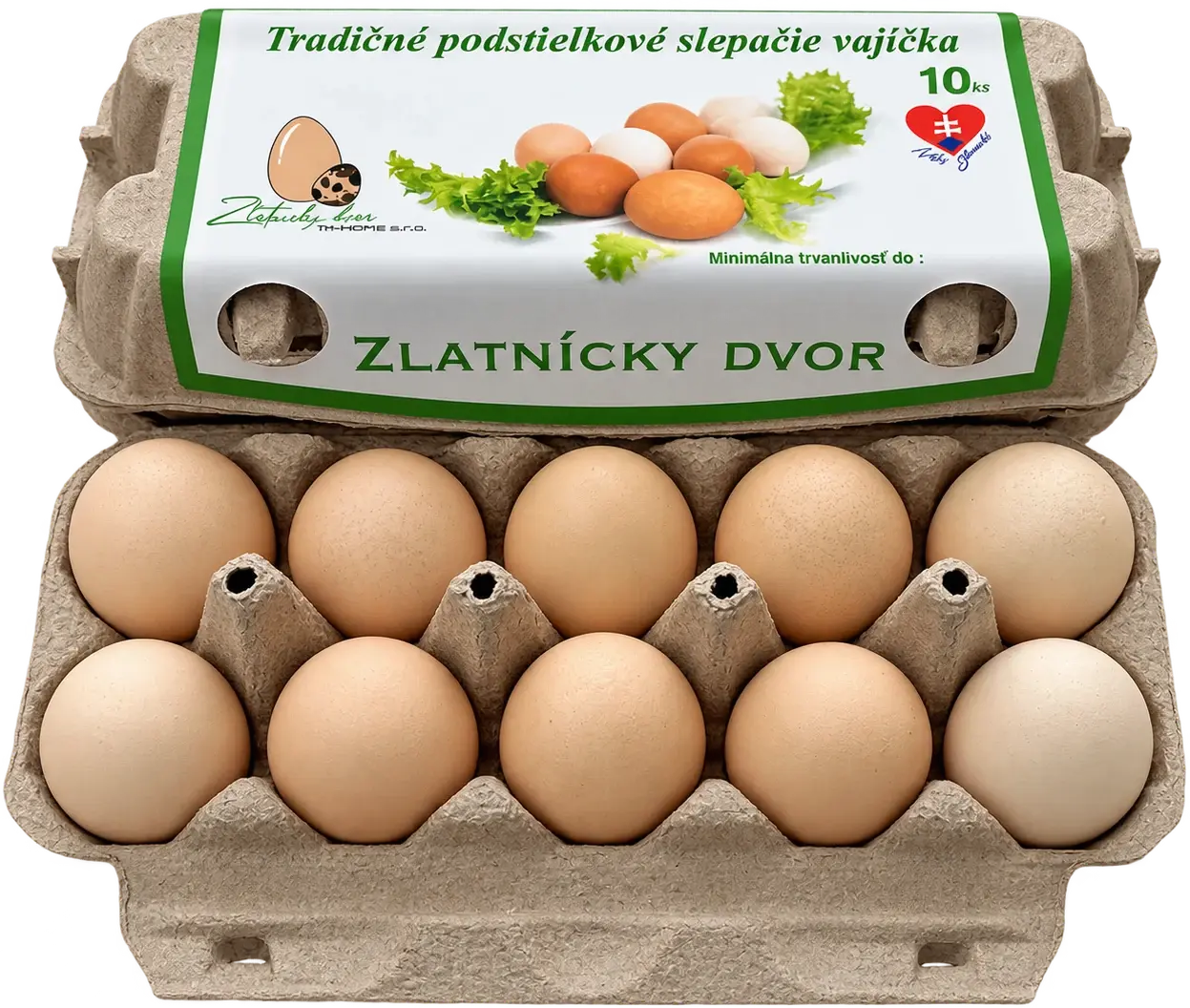 Otvorené balenie 10 podstielkových slepačích vajec s etiketou Zlatnícky dvor